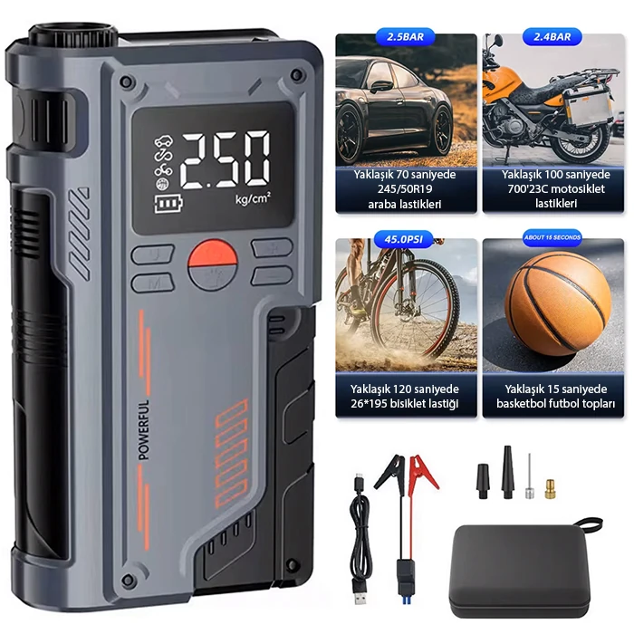 EZERE ST-9631 Pro Taşınabilir Göstergeli Araç Lastik Şişirme Ve Starter Akü Takviye Seti-(5775) - Siyah