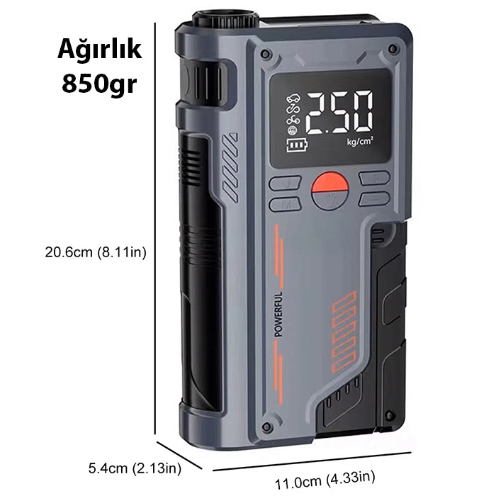 EZERE ST-9631 Pro Taşınabilir Göstergeli Araç Lastik Şişirme Ve Starter Akü Takviye Seti-(5775) - Siyah