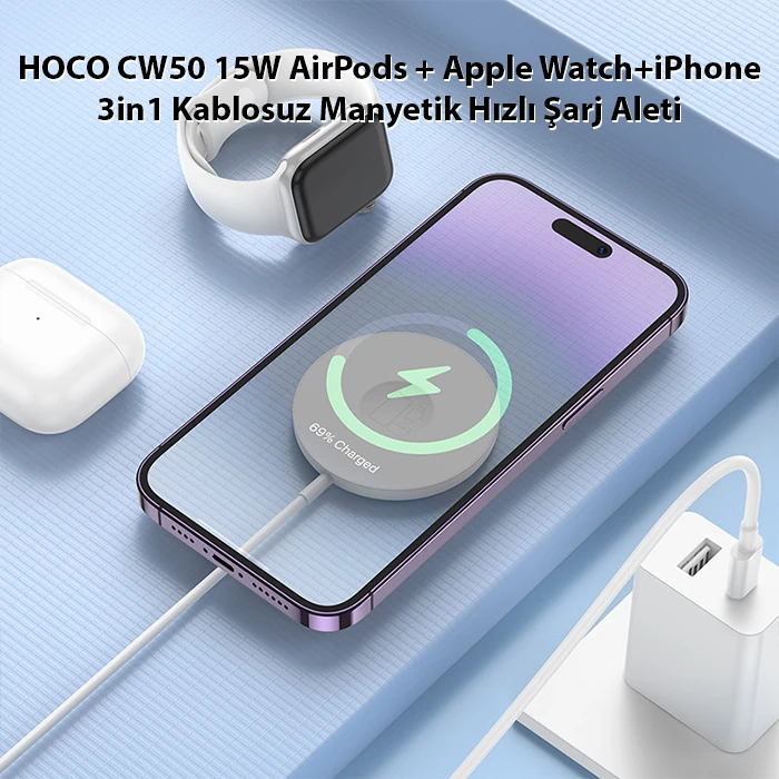HOCO CW50 15W AirPods + Apple Watch+iPhone 3in1 Kablosuz Manyetik Hızlı Şarj Aleti-(5775) - Beyaz