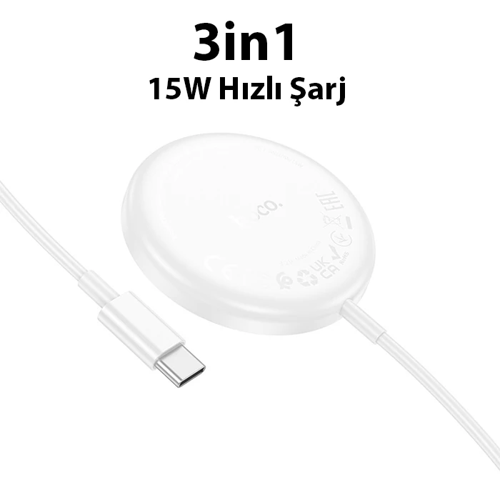 HOCO CW50 15W AirPods + Apple Watch+iPhone 3in1 Kablosuz Manyetik Hızlı Şarj Aleti-(5775) - Beyaz
