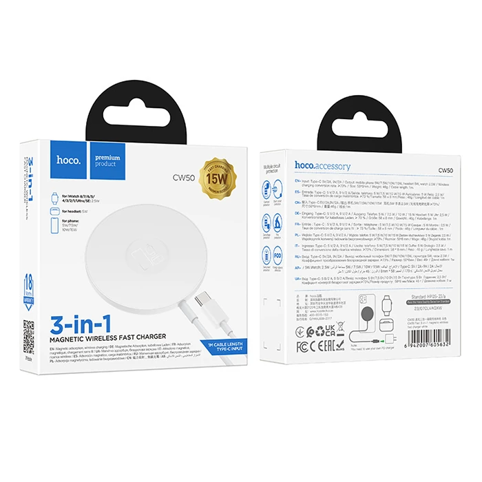 HOCO CW50 15W AirPods + Apple Watch+iPhone 3in1 Kablosuz Manyetik Hızlı Şarj Aleti-(5775) - Beyaz