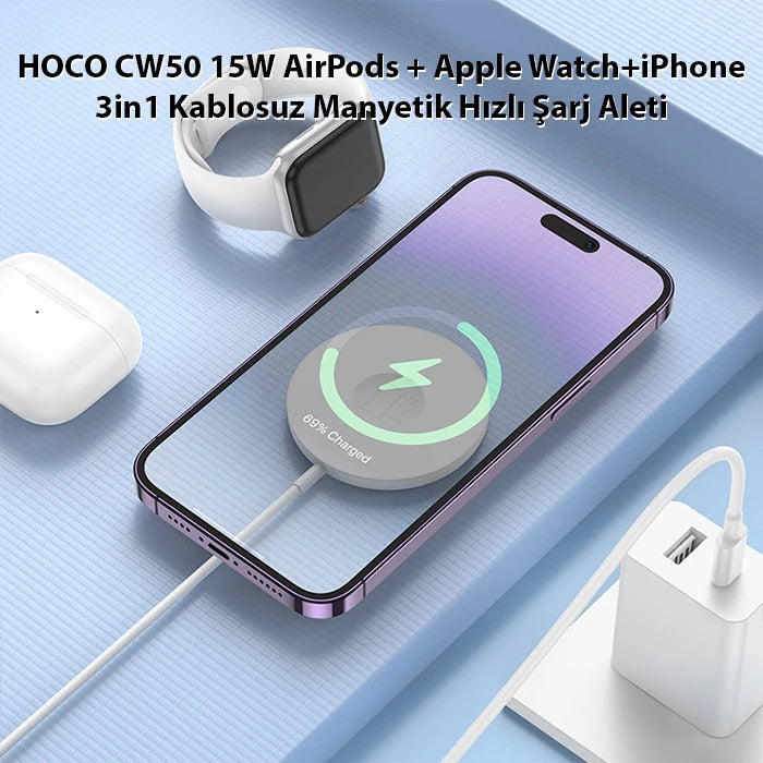 HOCO CW50 15W AirPods + Apple Watch+iPhone 3in1 Kablosuz Manyetik Hızlı Şarj Aleti-(5775) - Beyaz