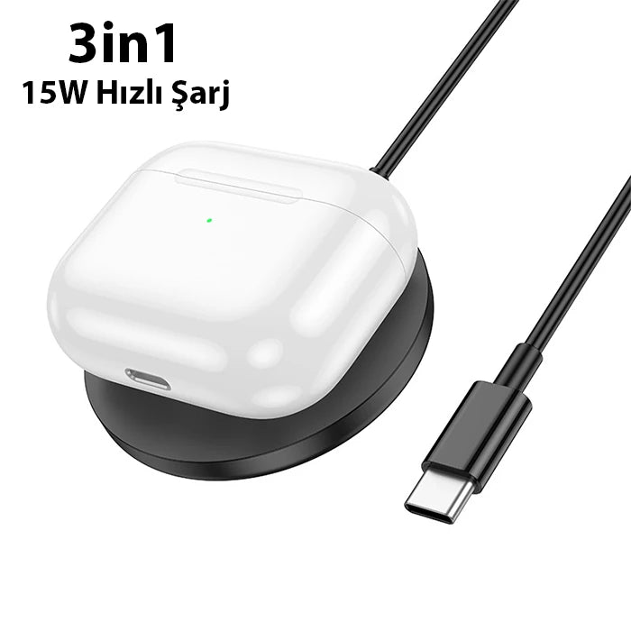 HOCO CW50 15W AirPods + Apple Watch+iPhone 3in1 Kablosuz Manyetik Hızlı Şarj Aleti-(5775) - Beyaz