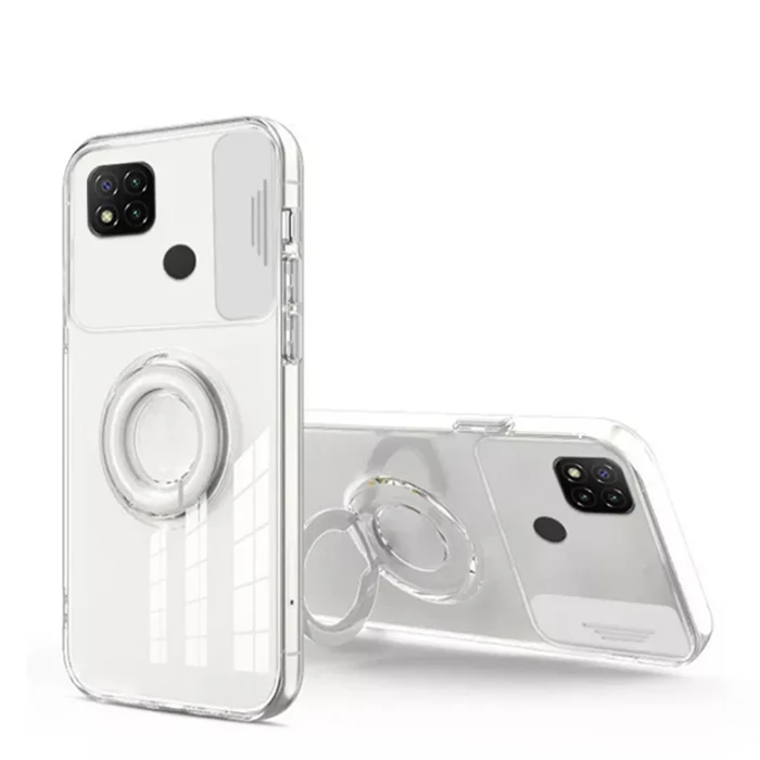 ALLY Xiaomi Redmi 9C Kılıf Sürgülü Kamera Lens Korumalı Yüzük Standlı Silikon Kılıf-(5775) - Beyaz