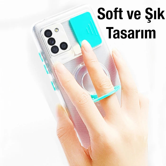 ALLY Xiaomi Redmi 9C Kılıf Sürgülü Kamera Lens Korumalı Yüzük Standlı Silikon Kılıf-(5775) - Beyaz