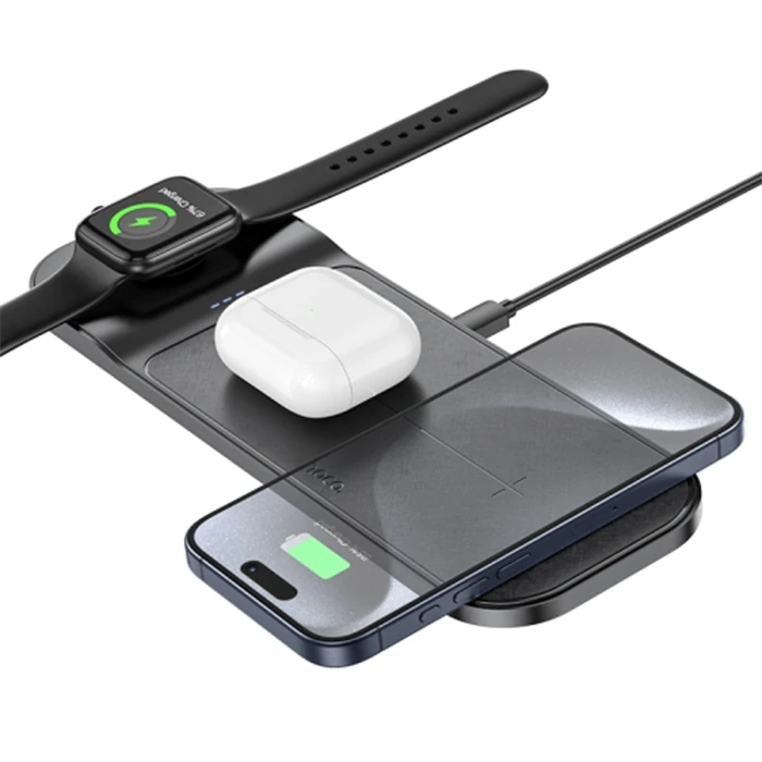 HOCO CQ5 3in1 Wireless Kablosuz Hızlı Şarj Standı (Telefon-Kulaklık-Apple watch)-(5775) - Siyah