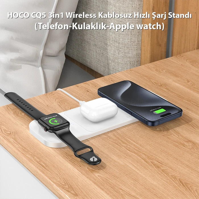 HOCO CQ5 3in1 Wireless Kablosuz Hızlı Şarj Standı (Telefon-Kulaklık-Apple watch)-(5775) - Siyah