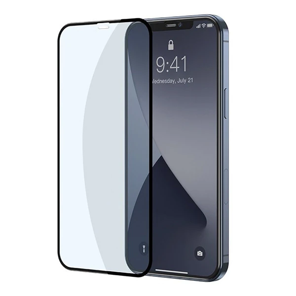 Baseus İPhone 12-12 Pro 0.3MM Full Anti Blue Light Tempered Cam Ekran Koruyucu 2Adet Set-(5775) - Siyah
