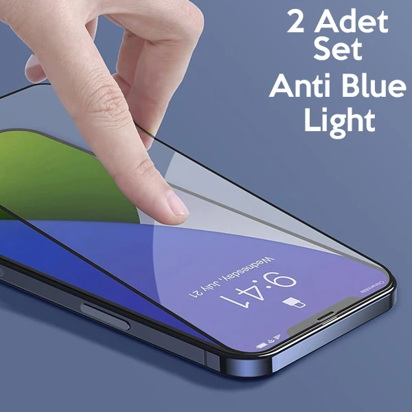 Baseus İPhone 12-12 Pro 0.3MM Full Anti Blue Light Tempered Cam Ekran Koruyucu 2Adet Set-(5775) - Siyah