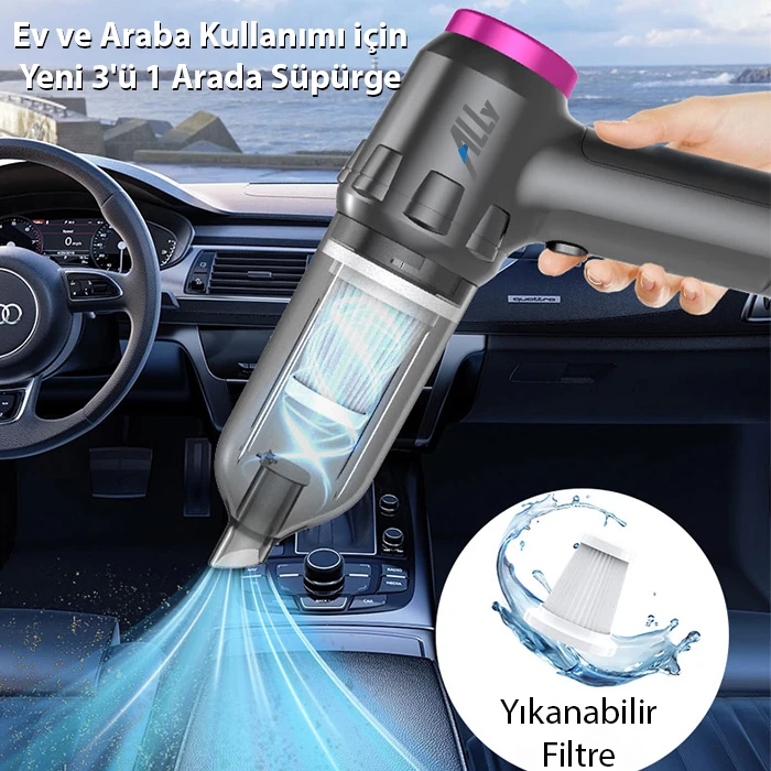 ALLY 14000pa Güçlü Portatif 2 Kademeli Tasinabilir Vakumlu Kablosuz Üflemeli Mini Araç Süpürgesi SW-103-(5775) - Gri