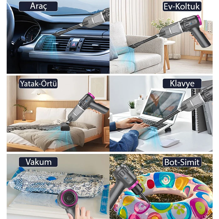 ALLY 14000pa Güçlü Portatif 2 Kademeli Tasinabilir Vakumlu Kablosuz Üflemeli Mini Araç Süpürgesi SW-103-(5775) - Gri