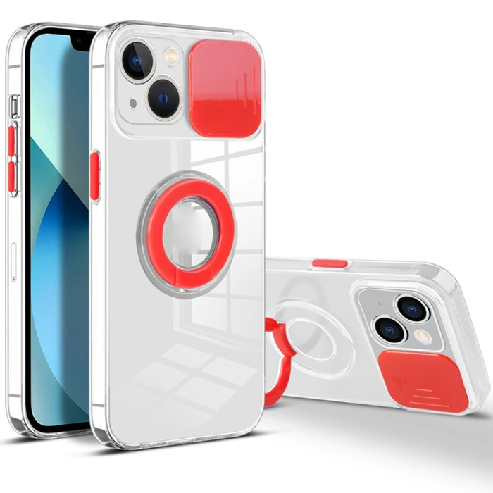 Ally iPhone 13 Mini 5.4inç Kılıf Sürgülü Kamera Lens Korumalı Yüzük Standlı Silikon Kılıf-(5775) - Pembe