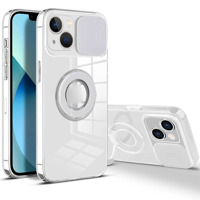 Ally iPhone 13 Mini 5.4inç Kılıf Sürgülü Kamera Lens Korumalı Yüzük Standlı Silikon Kılıf-(5775) - Pembe