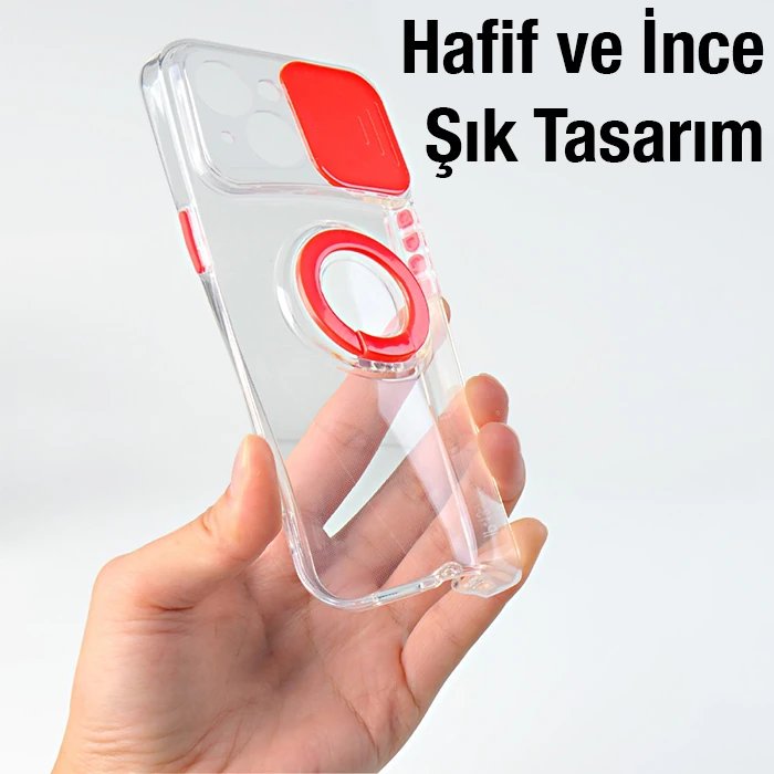 Ally iPhone 13 Mini 5.4inç Kılıf Sürgülü Kamera Lens Korumalı Yüzük Standlı Silikon Kılıf-(5775) - Pembe