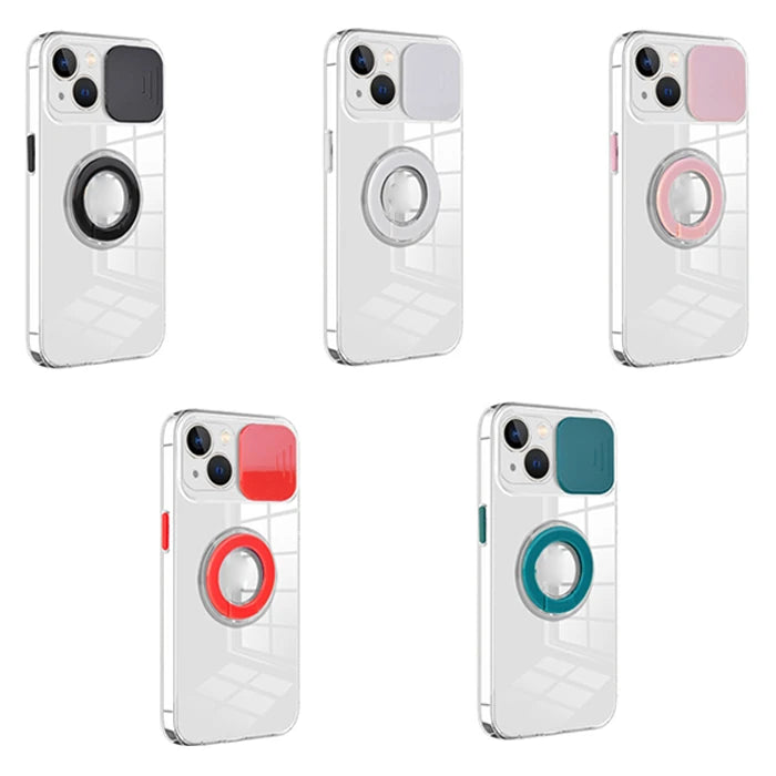 Ally iPhone 13 Mini 5.4inç Kılıf Sürgülü Kamera Lens Korumalı Yüzük Standlı Silikon Kılıf-(5775) - Pembe
