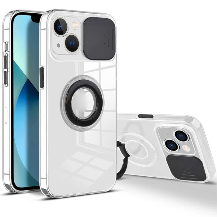 Ally iPhone 13 Mini 5.4inç Kılıf Sürgülü Kamera Lens Korumalı Yüzük Standlı Silikon Kılıf-(5775) - Pembe