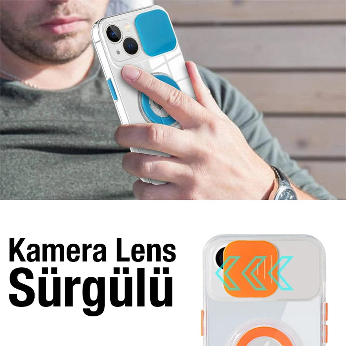 Ally iPhone 13 Mini 5.4inç Kılıf Sürgülü Kamera Lens Korumalı Yüzük Standlı Silikon Kılıf-(5775) - Pembe