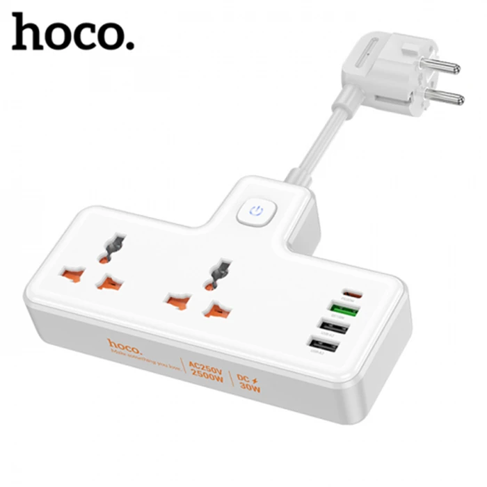 HOCO AC12A 2500W 2 Priz + 3 USB + 30W Type-C Multifonksiyonel Priz Çoğaltıcı Şarj Aleti-(5775) - Beyaz