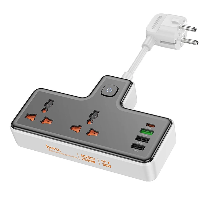 HOCO AC12A 2500W 2 Priz + 3 USB + 30W Type-C Multifonksiyonel Priz Çoğaltıcı Şarj Aleti-(5775) - Siyah