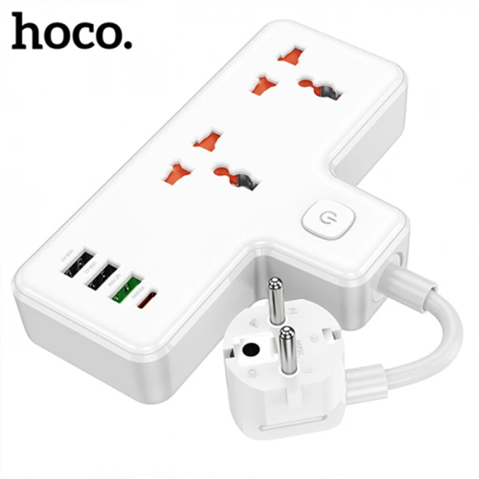 HOCO AC12A 2500W 2 Priz + 3 USB + 30W Type-C Multifonksiyonel Priz Çoğaltıcı Şarj Aleti-(5775) - Beyaz
