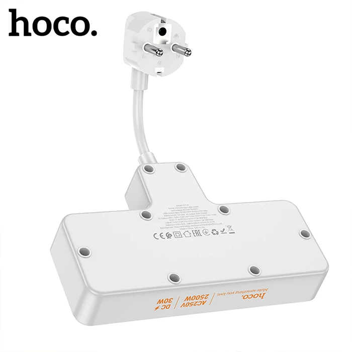 HOCO AC12A 2500W 2 Priz + 3 USB + 30W Type-C Multifonksiyonel Priz Çoğaltıcı Şarj Aleti-(5775) - Beyaz