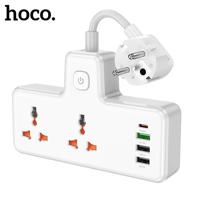 HOCO AC12A 2500W 2 Priz + 3 USB + 30W Type-C Multifonksiyonel Priz Çoğaltıcı Şarj Aleti-(5775) - Beyaz