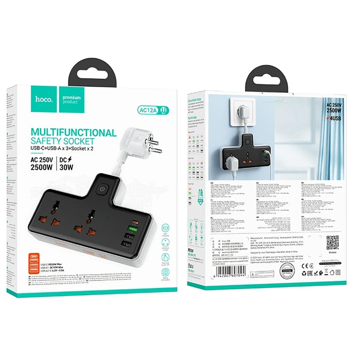 HOCO AC12A 2500W 2 Priz + 3 USB + 30W Type-C Multifonksiyonel Priz Çoğaltıcı Şarj Aleti-(5775) - Siyah