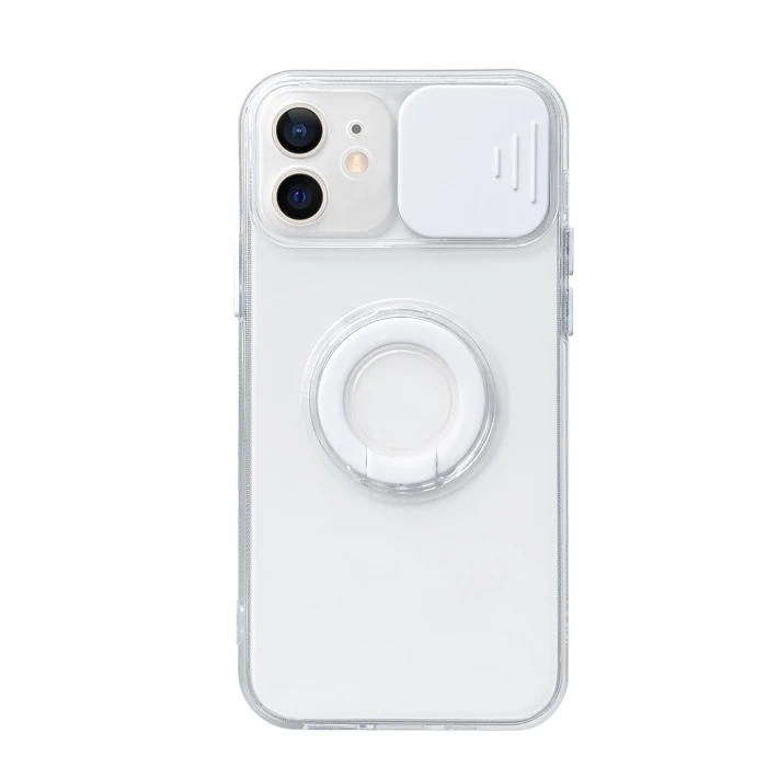 Ally iPhone 12 6.1inç Kılıf Sürgülü Kamera Lens Korumalı Yüzük Standlı Silikon Kılıf-(5775) - Yeşil