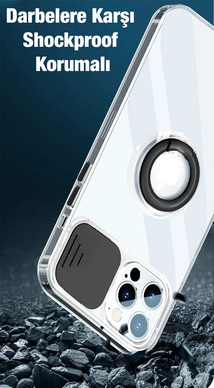 Ally iPhone 12 6.1inç Kılıf Sürgülü Kamera Lens Korumalı Yüzük Standlı Silikon Kılıf-(5775) - Yeşil