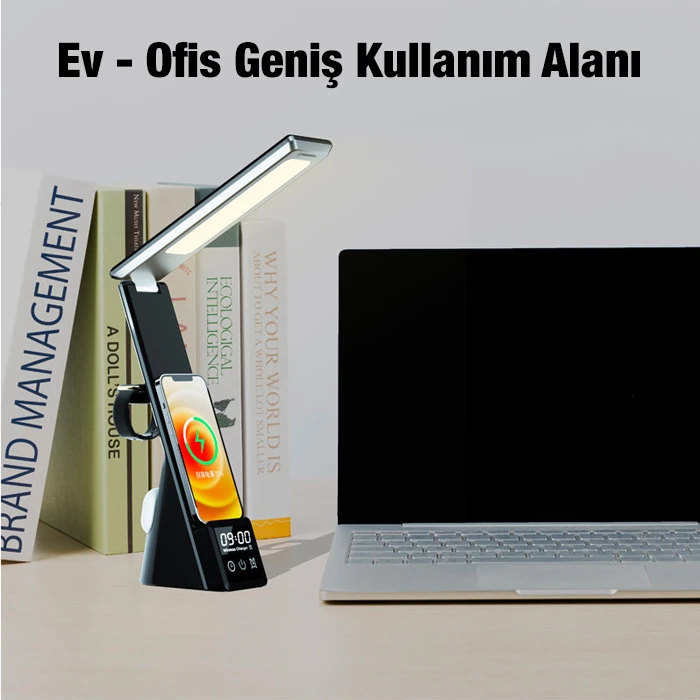 ALLY Dijital Saatli 15W Kablosuz Şarjlı LED Işıklı Katlanabilir Masa Lambası-(5775) - Beyaz