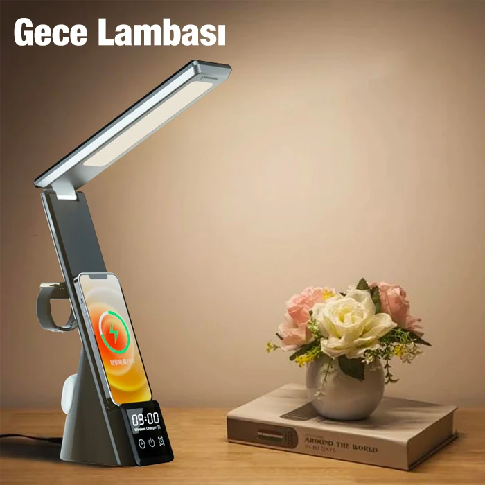 ALLY Dijital Saatli 15W Kablosuz Şarjlı LED Işıklı Katlanabilir Masa Lambası-(5775) - Beyaz