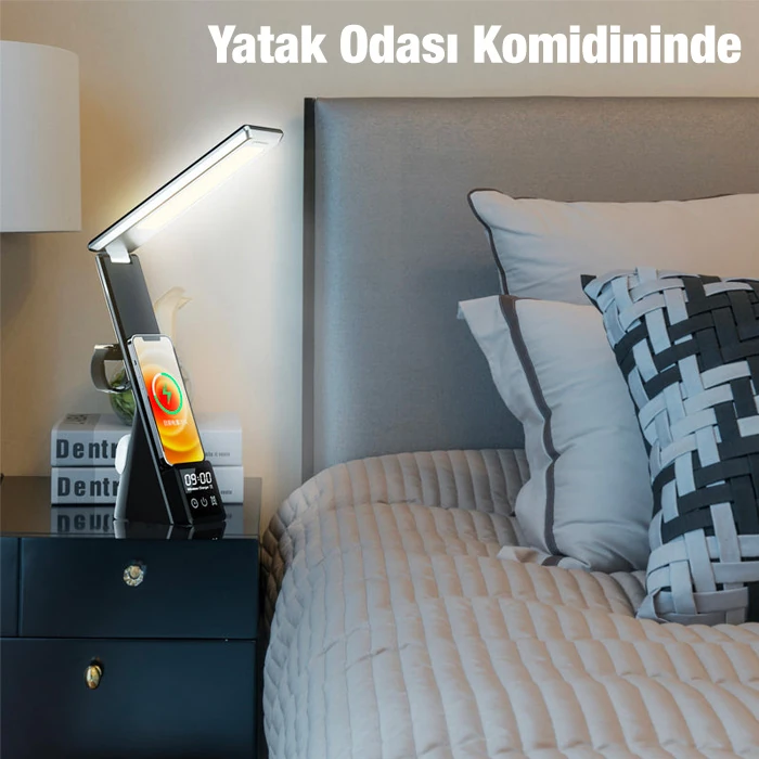ALLY Dijital Saatli 15W Kablosuz Şarjlı LED Işıklı Katlanabilir Masa Lambası-(5775) - Beyaz