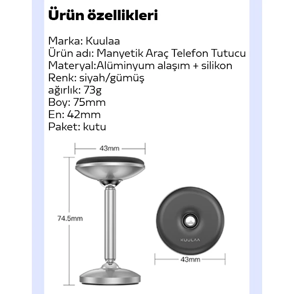 KUULAA Güçlü Mıknatıslı Manyetik Standlı Cep Telefon Araç Tutucu-(5775) - Siyah