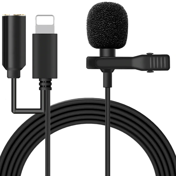 ALLY iPhone Lightning Yaka Mikrofonu+3.5MM jack Profesyonel Youtuber Mikrofonu-(5775) - Siyah