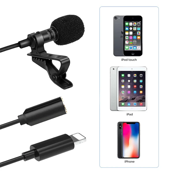 ALLY iPhone Lightning Yaka Mikrofonu+3.5MM jack Profesyonel Youtuber Mikrofonu-(5775) - Siyah