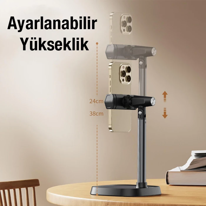 ALLY T8 360° Dönebilen Yükseklik Ayarlı Masa Üstü Telefon Tutucu-(5775) - Siyah