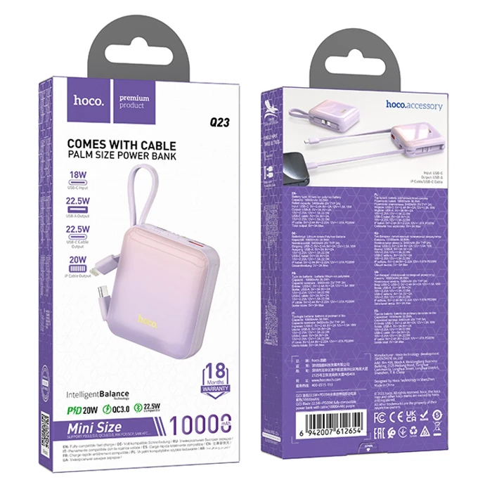 HOCO Q23 Blade 10000mAh 22.5W+PD20W Kablolu Powerbank-(5775) - Mor