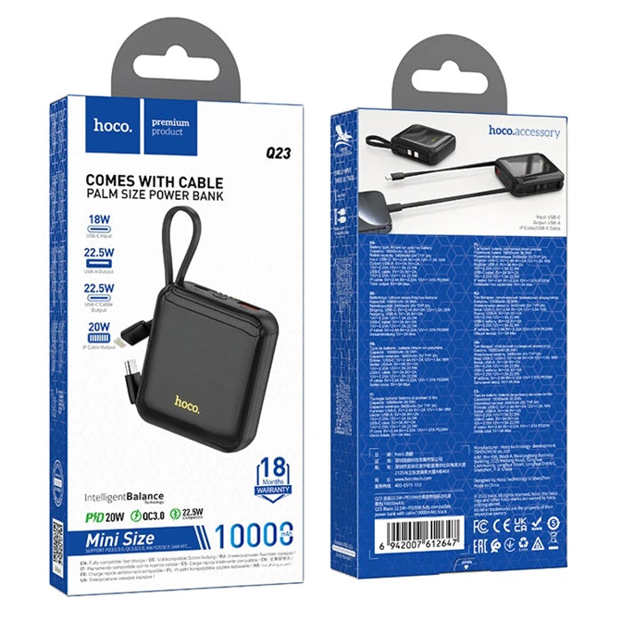 HOCO Q23 Blade 10000mAh 22.5W+PD20W Kablolu Powerbank-(5775) - Siyah