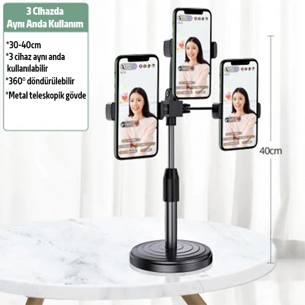 Ally Tripod Üçlü Telefon Tutucu Stand Youtuber Canlı Yayın Selfie Tiktok Makeup-(5775) - Siyah