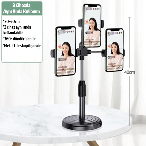 Ally Tripod Üçlü Telefon Tutucu Stand Youtuber Canlı Yayın Selfie Tiktok Makeup-(5775) - Siyah