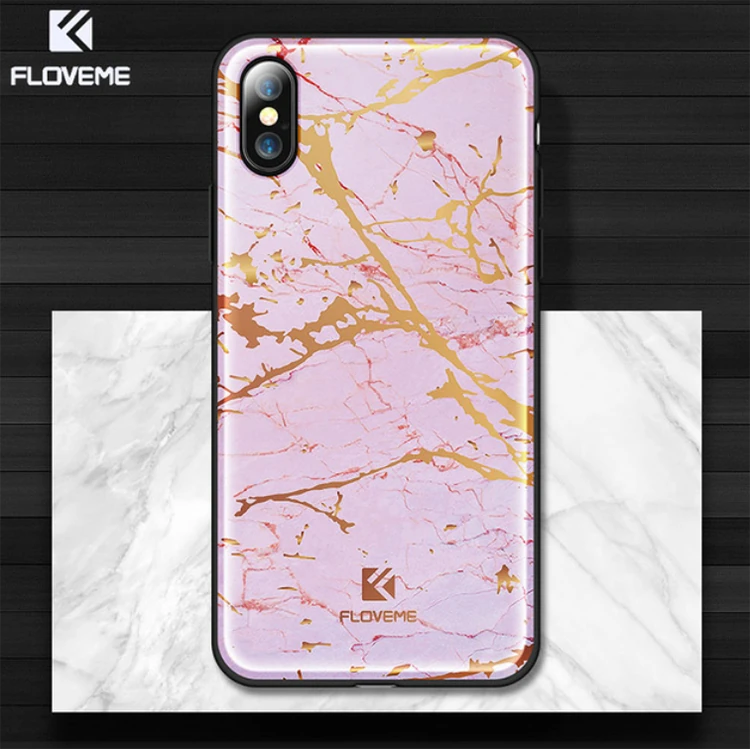 Floveme İPhone  X Xs Mermer Desenli Premium Silikon Kılıf-(5775) - Pembe