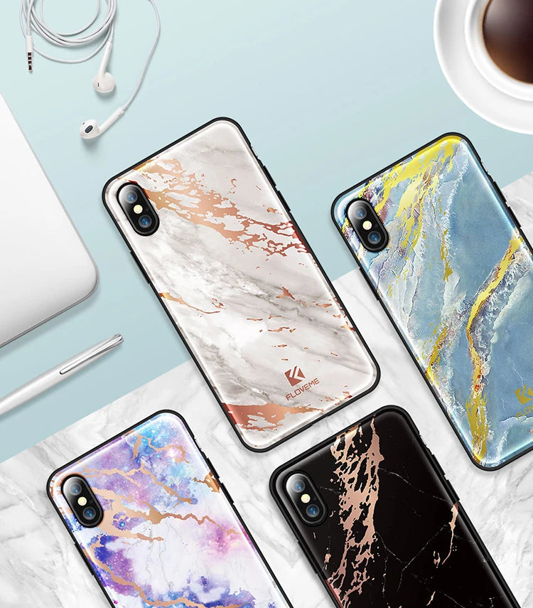 Floveme İPhone  X Xs Mermer Desenli Premium Silikon Kılıf-(5775) - Pembe