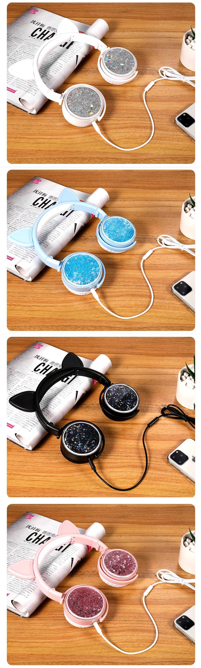 ALLY Kedi Kulak Simli Kablolu Mikrofonlu Kulaküstü Kulaklık 3.5mm jack-(5775) - Beyaz
