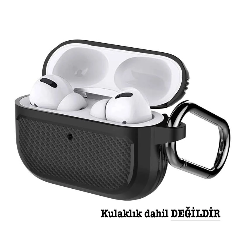 ALLY Karbon Fiber AirPods Pro Kulaklık Kancalı Silikon Koruma Kılıfı-(5775) - Siyah