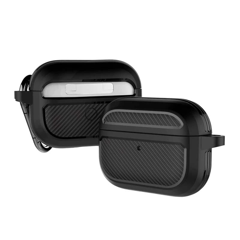 ALLY Karbon Fiber AirPods Pro Kulaklık Kancalı Silikon Koruma Kılıfı-(5775) - Siyah