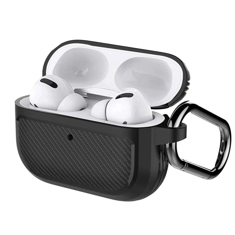 ALLY Karbon Fiber AirPods Pro Kulaklık Kancalı Silikon Koruma Kılıfı-(5775) - Siyah