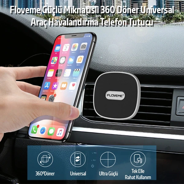 Floveme Güçlü Mıknatıslı 360 Döner Universal Araç Havalandırma Telefon Tutucu-(5775) - Gri