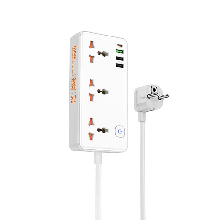 HOCO AC8A 2500W 3 Priz + 3 USB + 30W Type-C Multifonksiyonel Priz Çoğaltıcı Şarj Aleti-(5775) - Beyaz
