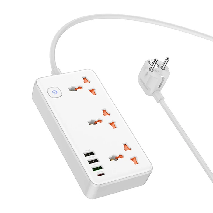 HOCO AC8A 2500W 3 Priz + 3 USB + 30W Type-C Multifonksiyonel Priz Çoğaltıcı Şarj Aleti-(5775) - Beyaz
