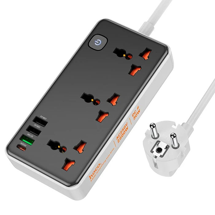 HOCO AC8A 2500W 3 Priz + 3 USB + 30W Type-C Multifonksiyonel Priz Çoğaltıcı Şarj Aleti-(5775) - Beyaz